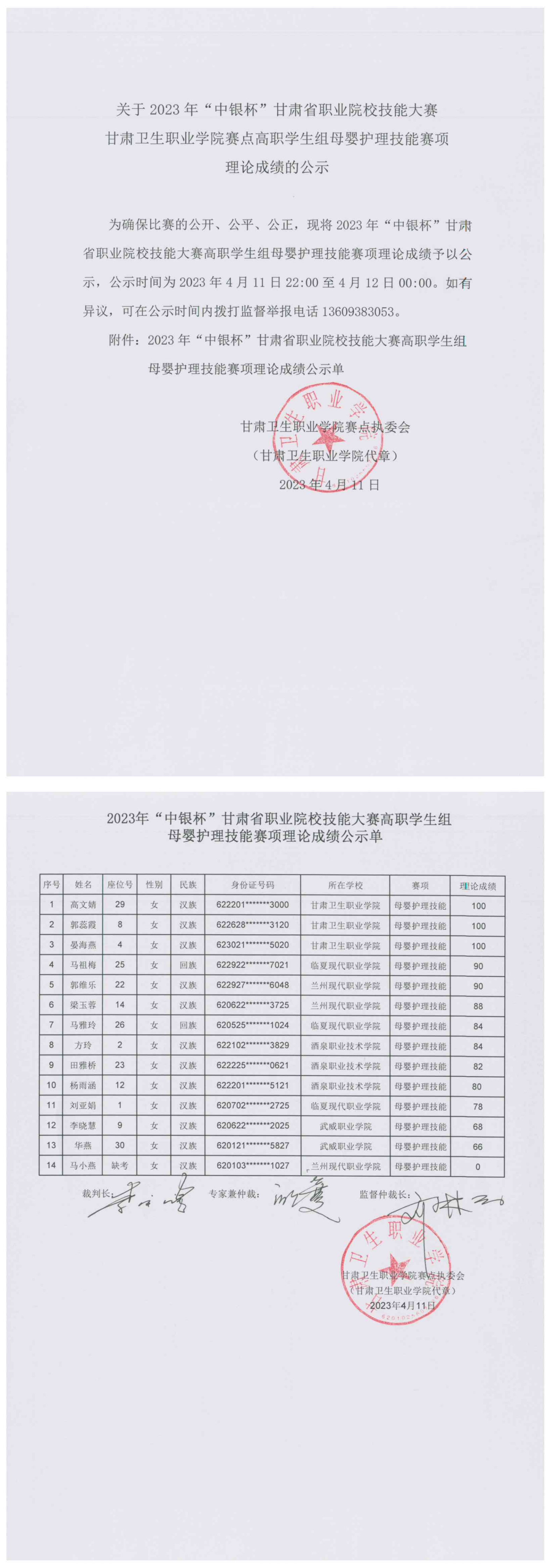 02关于2023年“中银杯”甘肃省职业院校技能大赛十大菠菜软件平台排名赛点高职学生组母婴护理技能赛项理论成绩的公示.png